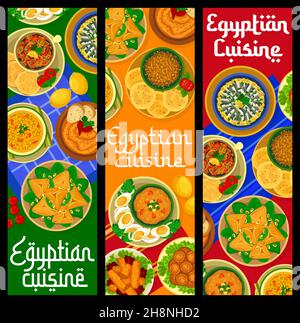 Cucina egiziana ristorante striscioni alimentari. Insalata di Mudammas Fful, panini di Dukkah e fatayer, barrette di Briouats, salsa Taamia Fava e Hulba Fenugreek Illustrazione Vettoriale