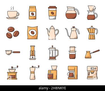 Set di icone per la linea delle bevande a base di caffè. Cottura a vapore di una tazza di caffè calda, sacchetto per fagioli e moka pot, macinacaffè manuali e potenti, macchina per espresso e gocciolatoio, cez turco Illustrazione Vettoriale