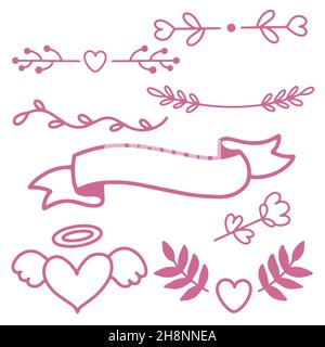 Elementi decorativi romantici per la decorazione di cartoline e siti web, elementi per la creazione di testi muore e modelli, San Valentino in stile doodle disegnato a mano Illustrazione Vettoriale