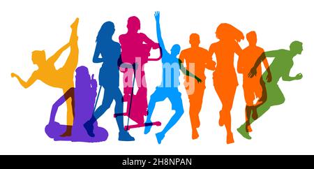 Silhouette di molte persone attive che fanno sport come un concetto di allenamento e fitness Foto Stock