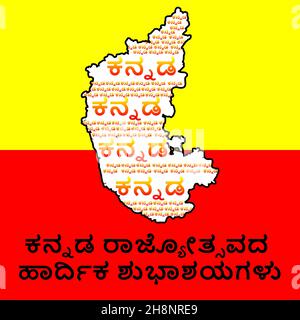 Kannada Rajyotsava saluti con sfondo bandiera Karnataka e mappa. Il testo all'interno della mappa è Happy Kannada Rajyotsava in fondo in lingua kannada Foto Stock