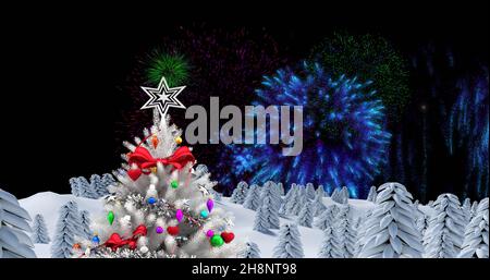 Immagine di un albero di natale bianco decorato con fuochi d'artificio che esplodono nel cielo notturno Foto Stock
