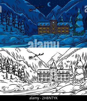 Paesaggio invernale con montagne e neve su sfondo blu. Foresta di Natale con abeti e castello. Babbo Natale. Schizzo disegnato a mano. Vintage Illustrazione Vettoriale