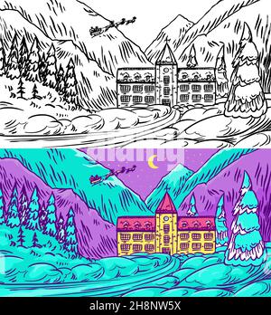 Paesaggio invernale con montagne e neve su sfondo blu. Foresta di Natale con abeti e castello. Babbo Natale. Schizzo disegnato a mano. Vintage Illustrazione Vettoriale