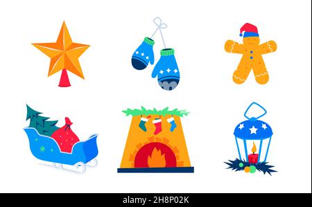 Christmas Spirit - disegno piatto colorato stile icone set. Immagine dettagliata ordinata di stella d'oro, guanti a maglia, biscotto di pan di zenzero, slitta piena di regalo Illustrazione Vettoriale