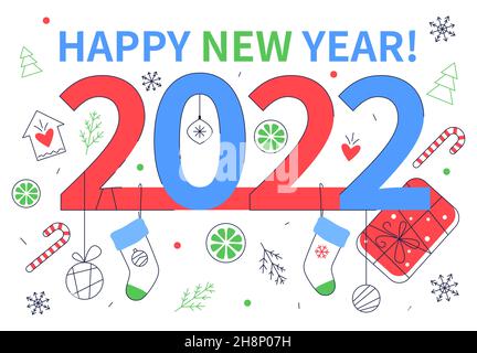 Felice anno nuovo - banner design moderno e piatto. Le vacanze invernali sono il momento di regali, decorazione di abeti, caramelle, fiocchi di neve e gioia. Merr Illustrazione Vettoriale