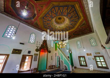 Re della moschea, sala da preghiera, scolpito in legno sul soffitto, Berat, Albania Foto Stock
