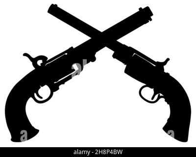 Disegno a mano di una silhouette nera di due revolver vintage Foto Stock