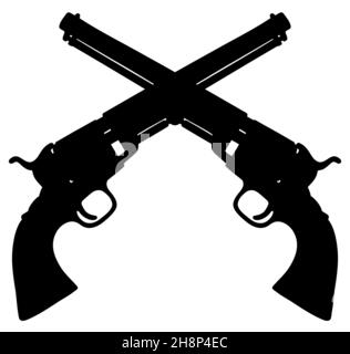 Hand drawing of black silhouettes of two vintage wild west revolvers Foto Stock