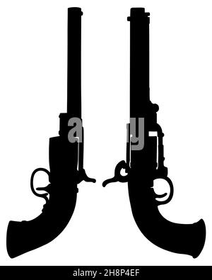 Disegno a mano di una silhouette nera di due revolver vintage Foto Stock