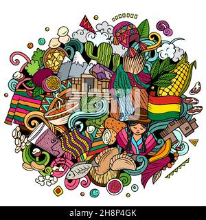 Bolivia disegno a mano cartoon doodles illustrazione. Divertente design da viaggio. Fondo vettoriale boliviano creativo. Elementi e oggetti del paese dell'America Latina. Illustrazione Vettoriale