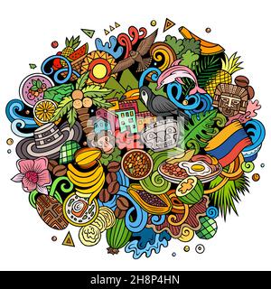 Colombia disegno a mano cartoon doodles illustrazione. Divertente disegno di viaggio colombiano. Sfondo vettoriale creativo. Elementi e oggetti del paese dell'America Latina Illustrazione Vettoriale