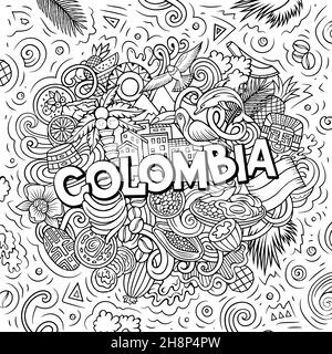 Colombia disegno a mano cartoon Doodle illustrazione. Divertente design colombiano. Sfondo vettoriale creativo. Testo scritto a mano con elementi latino-americani e. Illustrazione Vettoriale