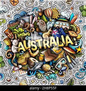 Australia illustrazione di fumetto disegnata a mano. Divertente design locale. Illustrazione Vettoriale