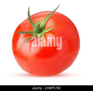 Pomodoro rosso fresco con foglie verdi isolate su sfondo bianco Clipping Path. Profondità di campo completa. Foto Stock