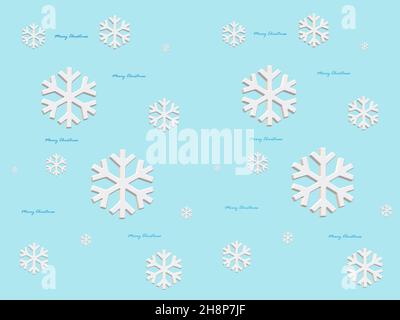3D illustrazione. Fiocchi di neve bianchi di varie dimensioni e allegra iscrizione natalizia, disposti caoticamente su sfondo blu pastello. Design in carta regalo. Foto Stock