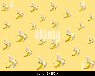 3D illustrazione. Fondo giallo pastello con sagome a banana mature e semitelate di varie dimensioni. Foto Stock