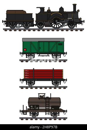 Disegno a mano di un treno a vapore vintage per il trasporto merci Foto Stock