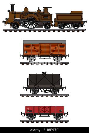 Disegno a mano di un treno a vapore vintage per il trasporto merci Foto Stock