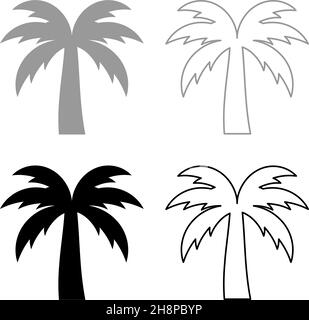 Palm tree silhouette Island concept set icona grigio nero colore vettoriale immagine semplice stile piatto pieno contorno linea sottile Illustrazione Vettoriale