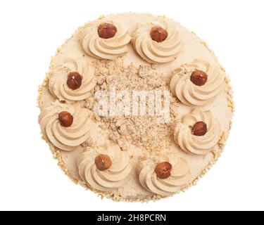 Torta di noci dall'alto su sfondo bianco torta di noci, nocciola fragile, torta di noci, sfondo, bianco, torta, decorazione, crema, top Foto Stock