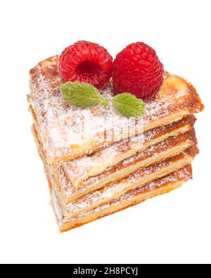 Impila di waffle con lamponi e waffle, freschi, impila, lamponi, bianchi, cialde pezzi, sfondo, cuori, diversi grappoli, croccante Foto Stock