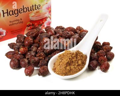 Rosehip essiccato con polvere di frutta e tè isolato su sfondo bianco Foto Stock