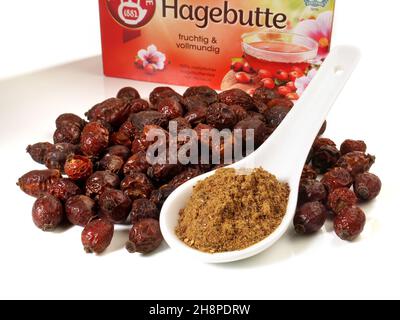 Rosehip essiccato con polvere di frutta e tè isolato su sfondo bianco Foto Stock