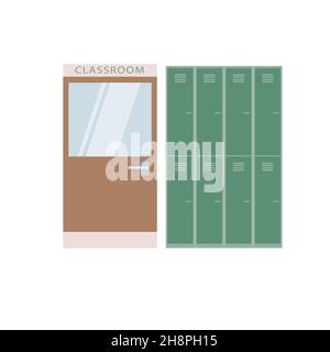 Porta e armadietti per aule cartoni animati piatti, elementi interni per l'edificio scolastico concetto di illustrazione vettoriale Illustrazione Vettoriale