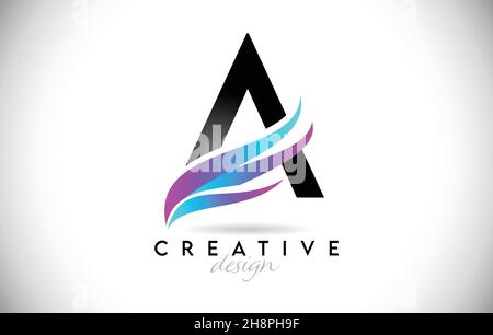 Lettera Un logo con sfumature creative swoooses. Creative Elegant Letter un design con coloratissima icona Vector blu viola. Illustrazione Vettoriale