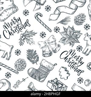Modello vettoriale senza cuciture con decorazione di Natale e Capodanno. Disegnare un'illustrazione vintage disegnata a mano. Inverno stagionale e sfondo di vacanza. pr. Trendy Illustrazione Vettoriale