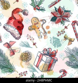 Motivo vettoriale senza cuciture con decorazioni per Natale e Capodanno. Disegnare un'illustrazione di acquerello disegnata a mano. Sfondo vacanze invernali. Tessuto di stampa trendy d Illustrazione Vettoriale