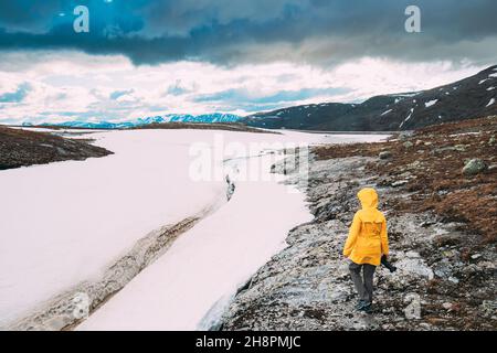 Aurlandsfjellet, Norvegia. Felice giovane donna Tourist Traveler fotografo con fotocamera Camminare vicino a Aurlandsfjellet Scenic Percorso Road. Uno stile di vita attivo Foto Stock