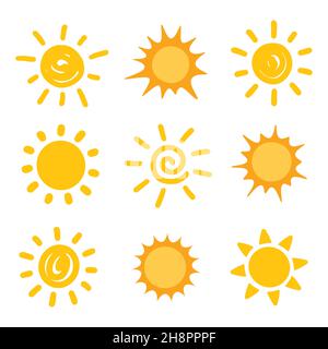 Set giallo sole disegnato a mano. Illustrazione vettoriale Illustrazione Vettoriale