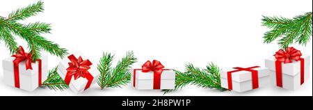 Sfondo natalizio con cumuli di rami di abete e scatole regalo realistiche su bianco. Natale e nuovo anno modello. Ideale per design di vacanze, poster, Illustrazione Vettoriale