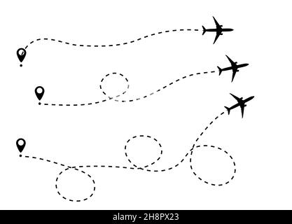 Linea tratteggiata del percorso dell'aeromobile. Turismo e viaggi. Illustrazione vettoriale. Illustrazione Vettoriale
