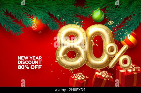 Buon Natale, sconto 80 numero di ballon su sfondo rosso. Illustrazione vettoriale Illustrazione Vettoriale