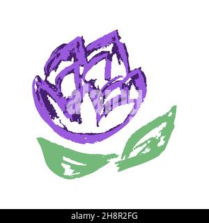 Icona in stile disegno a mano. Illustrazione vettoriale. Fiore carino. Disegno con pastelli di cera, gesso colorato, creatività dei bambini. Cartello, simbolo, spilla, adesivo Illustrazione Vettoriale
