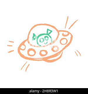 UFO. Icona in stile disegno a mano. Disegno con pastelli di cera, gesso colorato, creatività dei bambini. Illustrazione vettoriale. Segnale Illustrazione Vettoriale