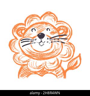 Leone. Icona in stile disegno a mano. Disegno con pastelli di cera, gesso colorato, creatività dei bambini. Cartello, adesivo Illustrazione Vettoriale