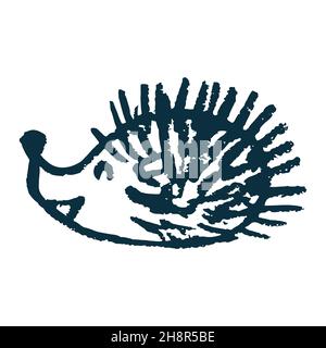 Icona in stile disegno a mano. Hedgehog. Disegno con pastelli di cera, creatività dei bambini. Illustrazione vettoriale. Segno, simbolo, pin Illustrazione Vettoriale