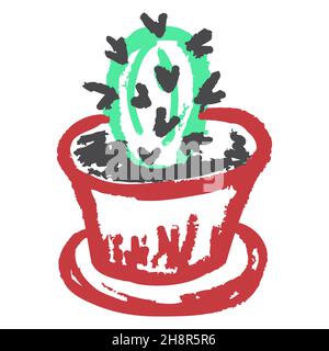 Icona in stile disegno a mano. Cactus. Disegno con pastelli di cera, gesso colorato, creatività dei bambini. Vettore Illustrazione Vettoriale