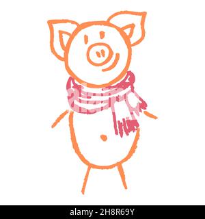 Icona in stile disegno a mano. Maiale. Disegno con pastelli di cera, gesso colorato, creatività dei bambini. Vettore Illustrazione Vettoriale