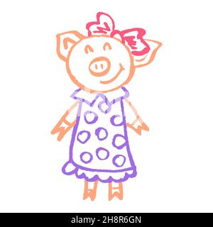 Icona in stile disegno a mano. Disegno con pastelli di cera, gesso colorato, per bambini. Maiale Illustrazione Vettoriale