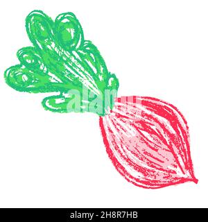 Barbabietola. Icona in stile disegno a mano. Disegno con pastelli di cera, gesso colorato, creatività dei bambini. Illustrazione vettoriale. Cartello, simbolo, spilla, adesivo Illustrazione Vettoriale