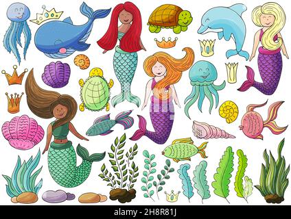Grande set di illustrazioni sul tema marino. Mermaids ed elementi marini in stile disegno a mano. Collezione di illustrazioni vettoriali per il vostro disegno. Segnale, Illustrazione Vettoriale