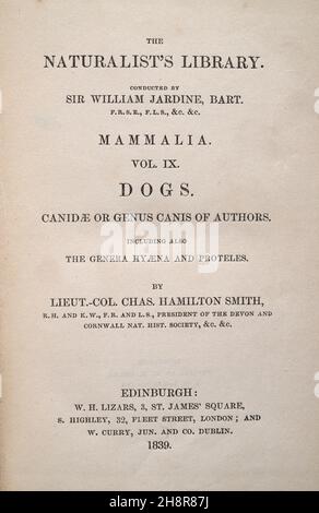 Pagina del titolo della Biblioteca Naturalista, Sir William Jardine, Mammalia, Vol, IX, Cani Foto Stock