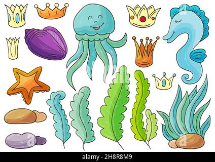 Set di illustrazioni sul tema marino. Meduse, cavallucci marini e alghe in stile disegno a mano. Collezione di illustrazioni vettoriali per il vostro disegno. Segnale Illustrazione Vettoriale