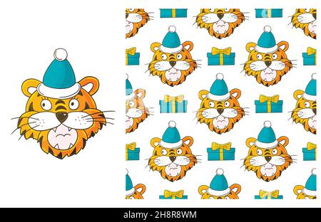 Anno nuovo 2022. Tiger in un cappello Santa. Set di elementi e motivi senza cuciture per l'anno nuovo. Ideale per gli abiti dei bambini. Può essere utilizzato per tessuti Illustrazione Vettoriale