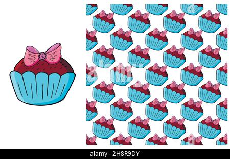 Set di elementi blu e pattern senza giunture. Ideale per abbigliamento per bambini. Dolce cupcake, muffin Illustrazione Vettoriale